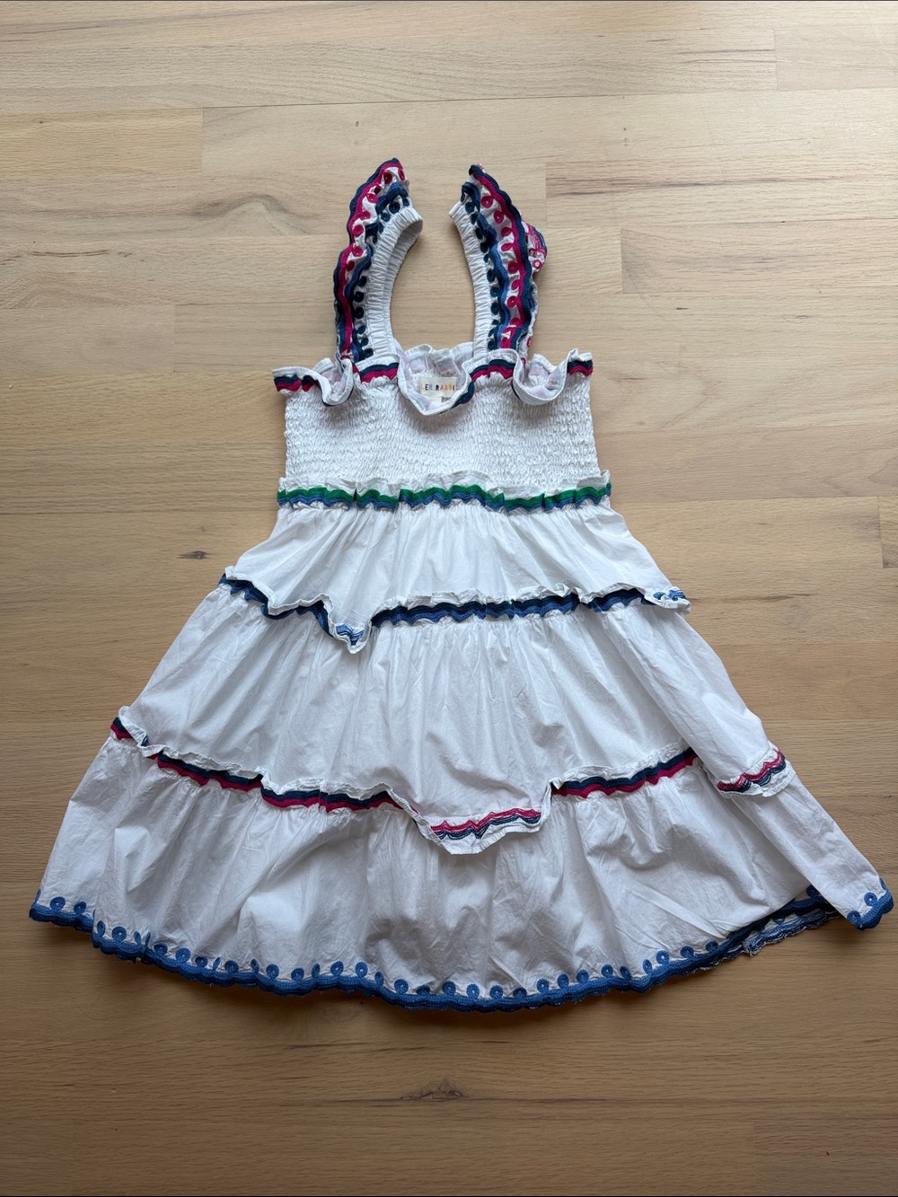 Roller Rabbit White Tiered Dress with Blue, Pink, Green Trim
